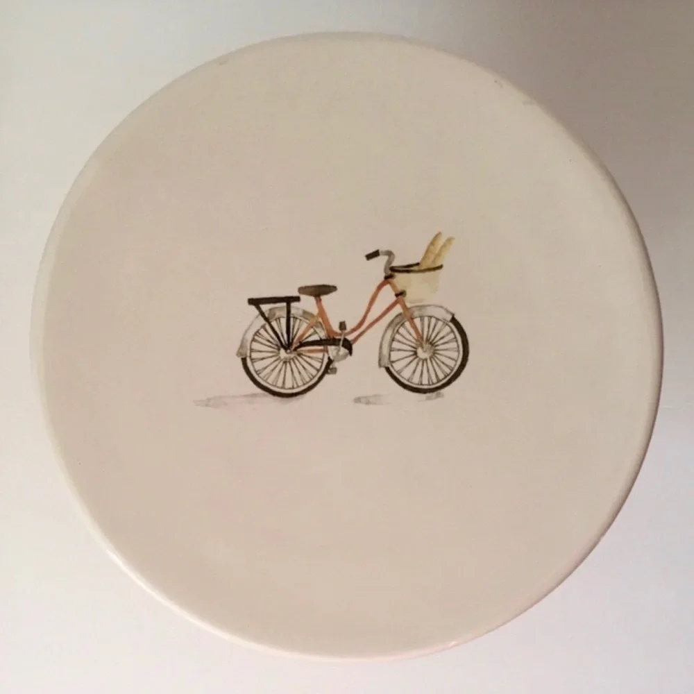 Rae Dunn Ceramic Cake Stand—Artisan Collection by Magenta with Bicycle Graphic